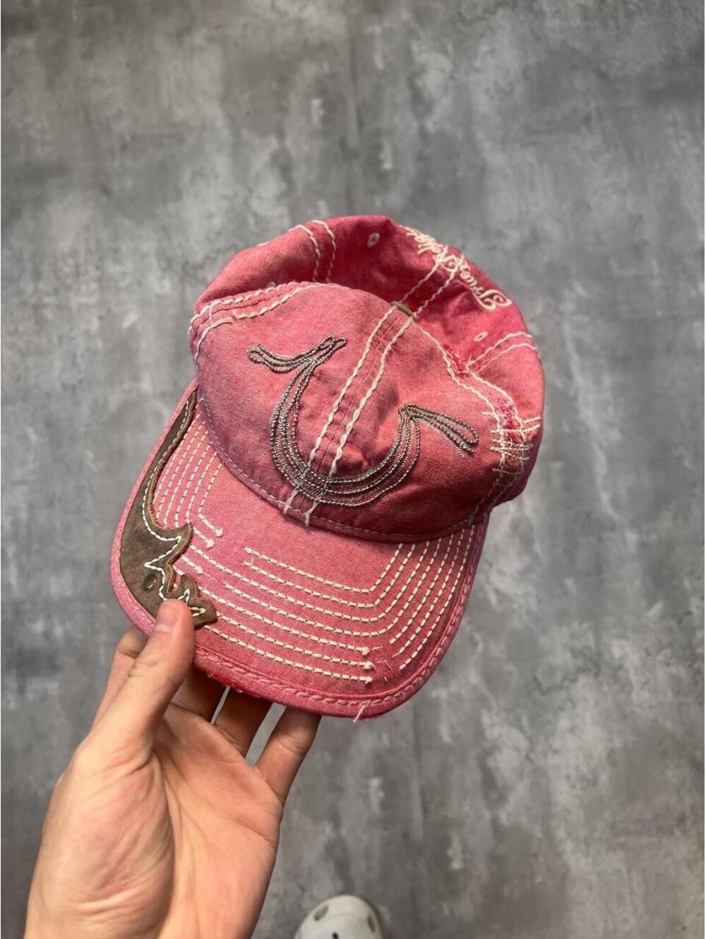 Y2K True Religion Horseshoe Pink Distressed Hat